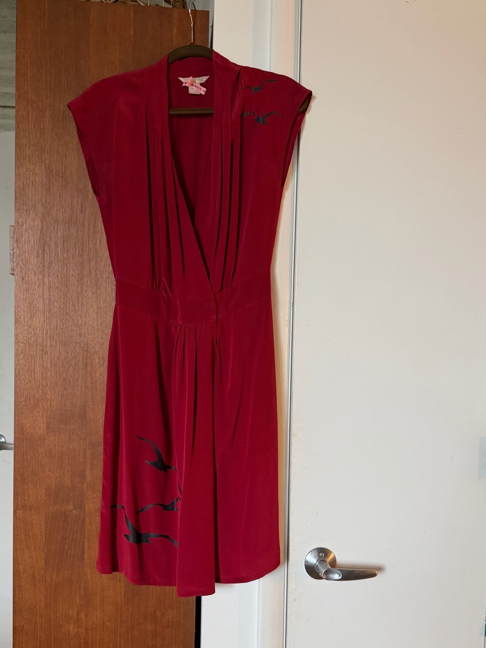 Hype Red V-Neck Silk Dress with Black Bird Motif
